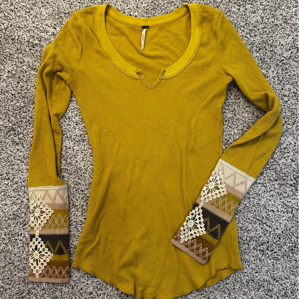 Free People Mustard Long Sleeve Thermal with Lace Cuff Accents